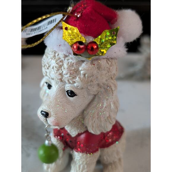 Pier 1 Christmas Poodle Dog Ornament Santa Hat Glitter Red Coat Holiday Decor - Picture 6 of 10